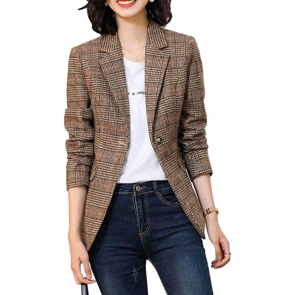 Ebossy Blazer Women Brown Notch Lapel 2Button Suit Houndstooth Plaid Jacket Coat - Picture 1 of 5